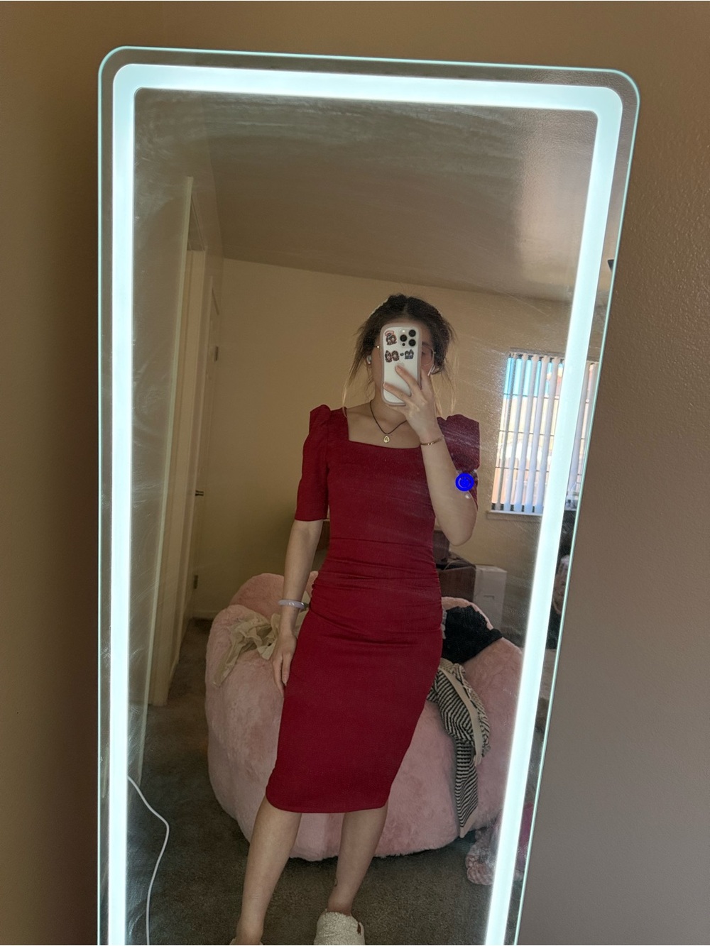 Women's Square Neck Midi Dress in Deep Red - Elegant Fitted Style